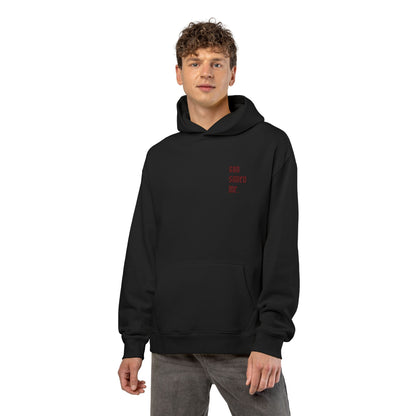 Relaxed Hoodie — Minimal Black Hoodie with Small Red 'Good Vibes Only' Chest Text