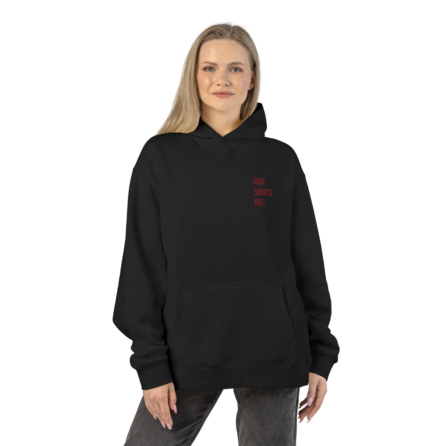 Relaxed Hoodie — Minimal Black Hoodie with Small Red 'Good Vibes Only' Chest Text