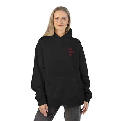 Relaxed Hoodie — Minimal Black Hoodie with Small Red 'Good Vibes Only' Chest Text