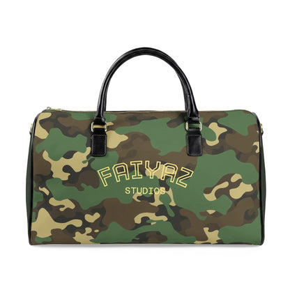 Camo Faux Leather Travel Bag — Personalized 'FAIYAZ Studios' Duffel