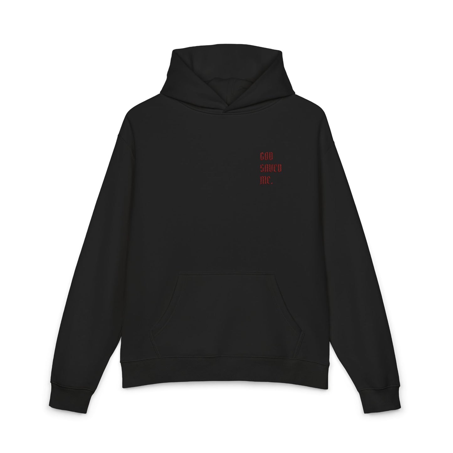Relaxed Hoodie — Minimal Black Hoodie with Small Red 'Good Vibes Only' Chest Text