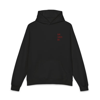 Relaxed Hoodie — Minimal Black Hoodie with Small Red 'Good Vibes Only' Chest Text